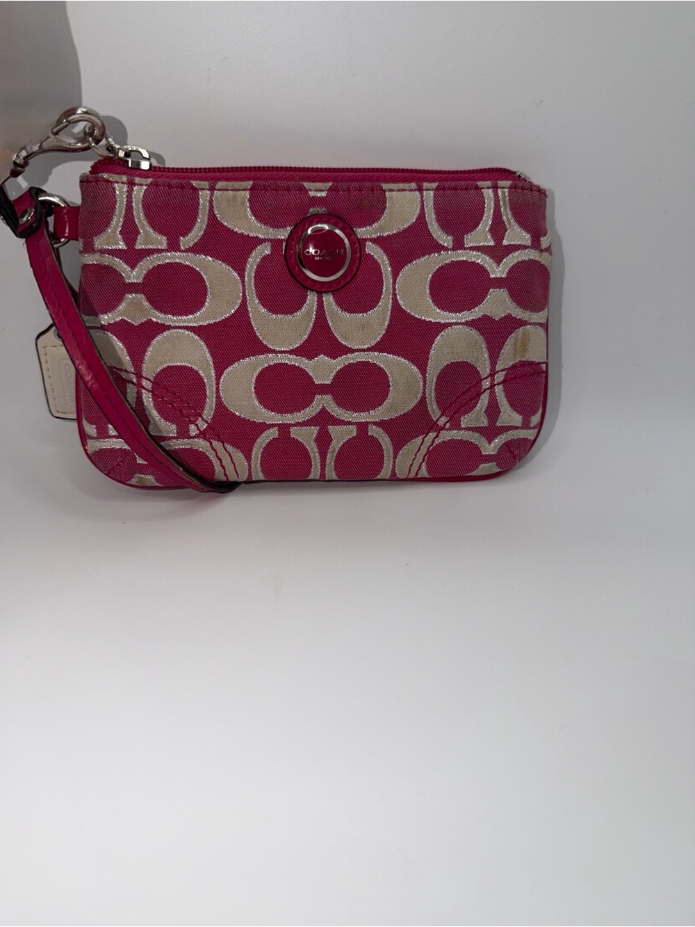 Coach Pink Signature Canvas Wristlet with Beige Accents